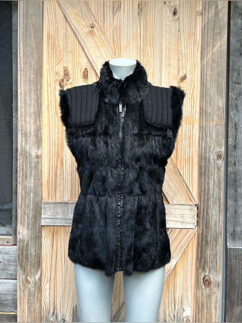 Linda Richards Luxury Black Genuine Rabbit Fur Knit Reversible Vest Jacket~M~